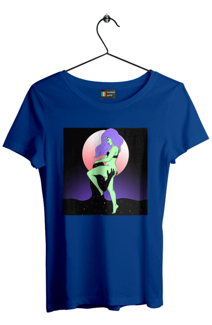 Women`s t-shirt with prints Green Girl And The Moon. Alien, moon. 2070702