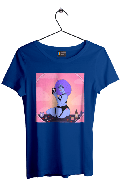 Women`s t-shirt with prints Purple Girl Photo In The Mirror. Mirror, whiteness. 2070702