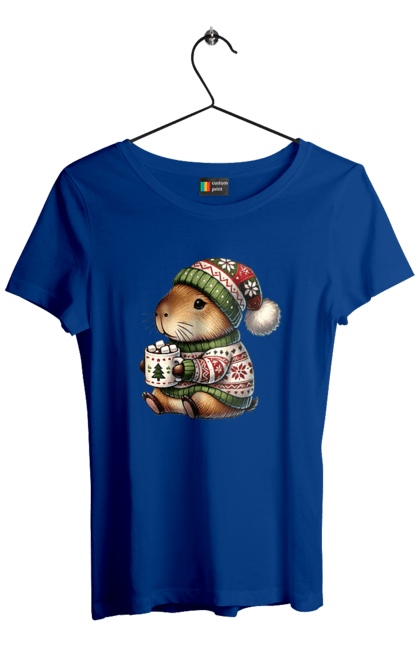 Women's t-shirt with prints Capybara with hot chocolate. Animal, capybara, christmas, christmas capybara, gift, holiday, hot chocolate, new year, santa. 2070702