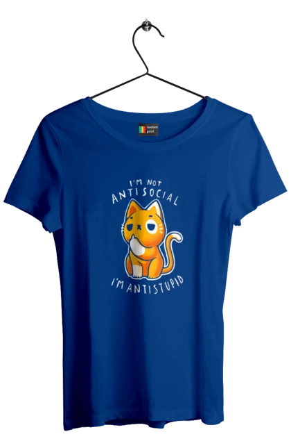 Women`s t-shirt with prints I'm not antisocial, I'm antistupid. Antisocial, antistupid, cat, cynicism, hate, humor, irony, joke, meme, sarcasm. 2070702