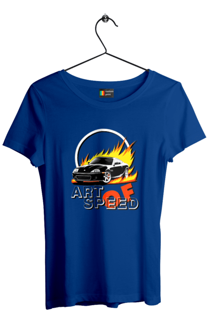 Футболка жіноча з принтом "Автомобіль у вогні". Авто, автомобіль у вогні, гонка, дрейф, спорт, спортивна машина, швидкість. 2070702