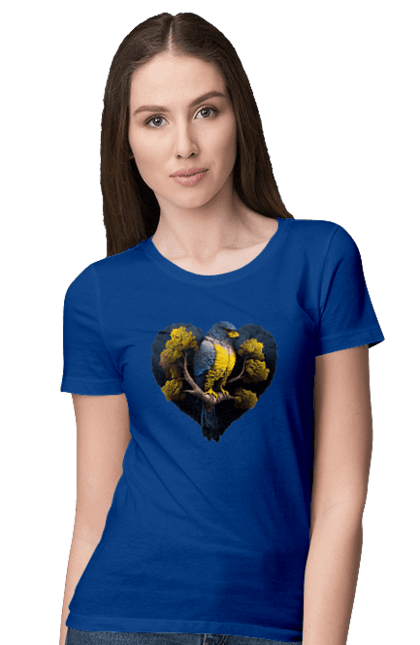 Women`s t-shirt with prints Blue and yellow falcon. Falcon, flag of ukraine, heart, symbol of ukraine, tree, ukraine. 2070702