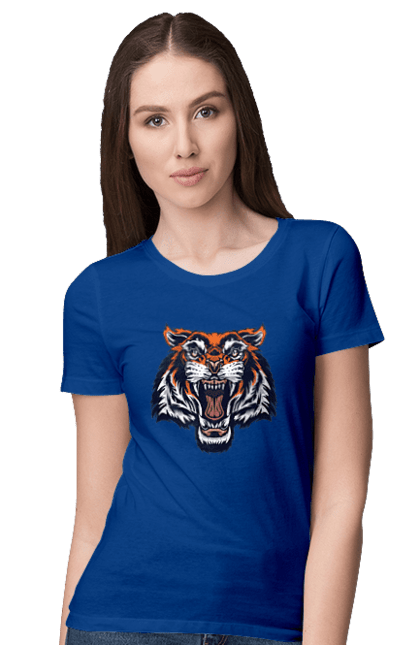 Футболка жіноча з принтом "Сердитий оранжевий тигр". Голова тигра, джунглі, злий тигр, сердитий тигр, тигр. CustomPrint.market