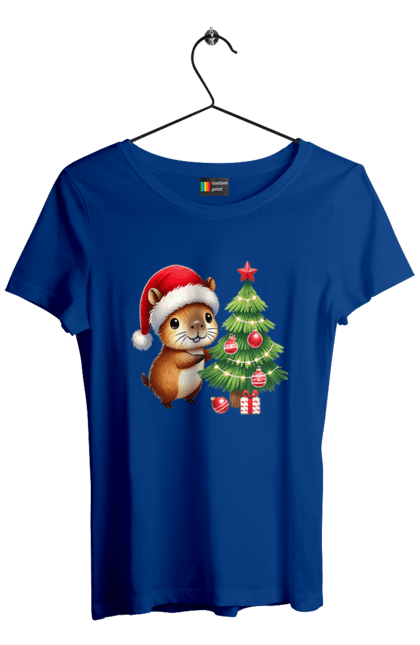 Women's t-shirt with prints Christmas Capybara with a Tree. Animal, capybara, christmas, christmas capybara, christmas tree, gift, holiday, new year, new year`s gift, santa. 2070702