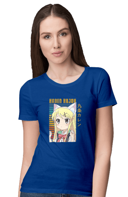 Women's t-shirt with prints Kiniro Mosaic Karen Kujo. Anime, gold mosaic, karen, karen kujo, kiniro mosaic, kinmoza, manga. 2070702