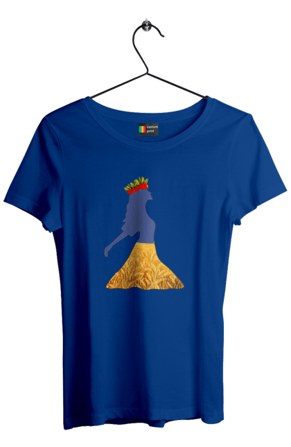Women`s t-shirt with prints Ukraine. Girl, national colors, poppies, sky, wheat field, wreath, yellow blue. 2070702