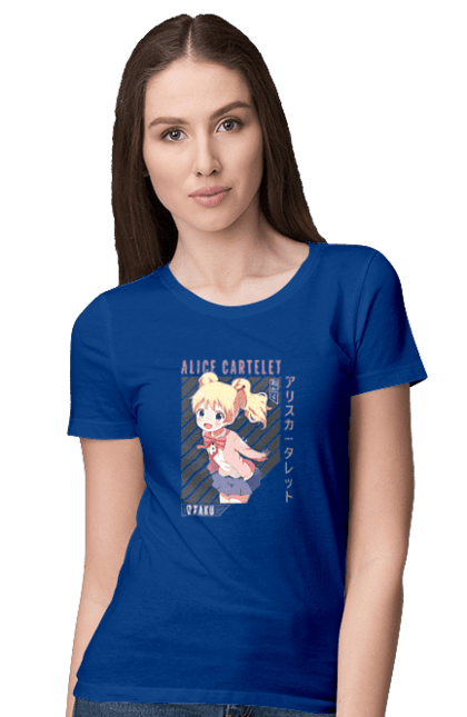 Футболка женская с принтом Золотая мозаика Алиса Картелет. Alice cartelet, anime, kiniro mosaic, kinmoza, manga, алиса, алиса картелет, аниме, золотая мозаика, манга. 2070702