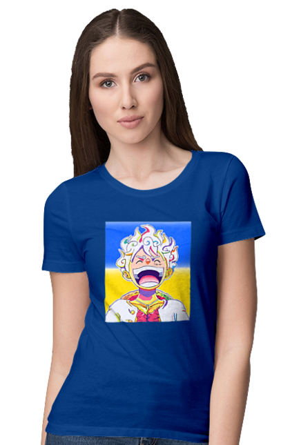 Women`s t-shirt with prints Monkey D Luffy laughing on a yellow blue background. Flag of ukraine, luffy, monkey d luffy, one piece, symbol of ukraine, ukraine. 2070702