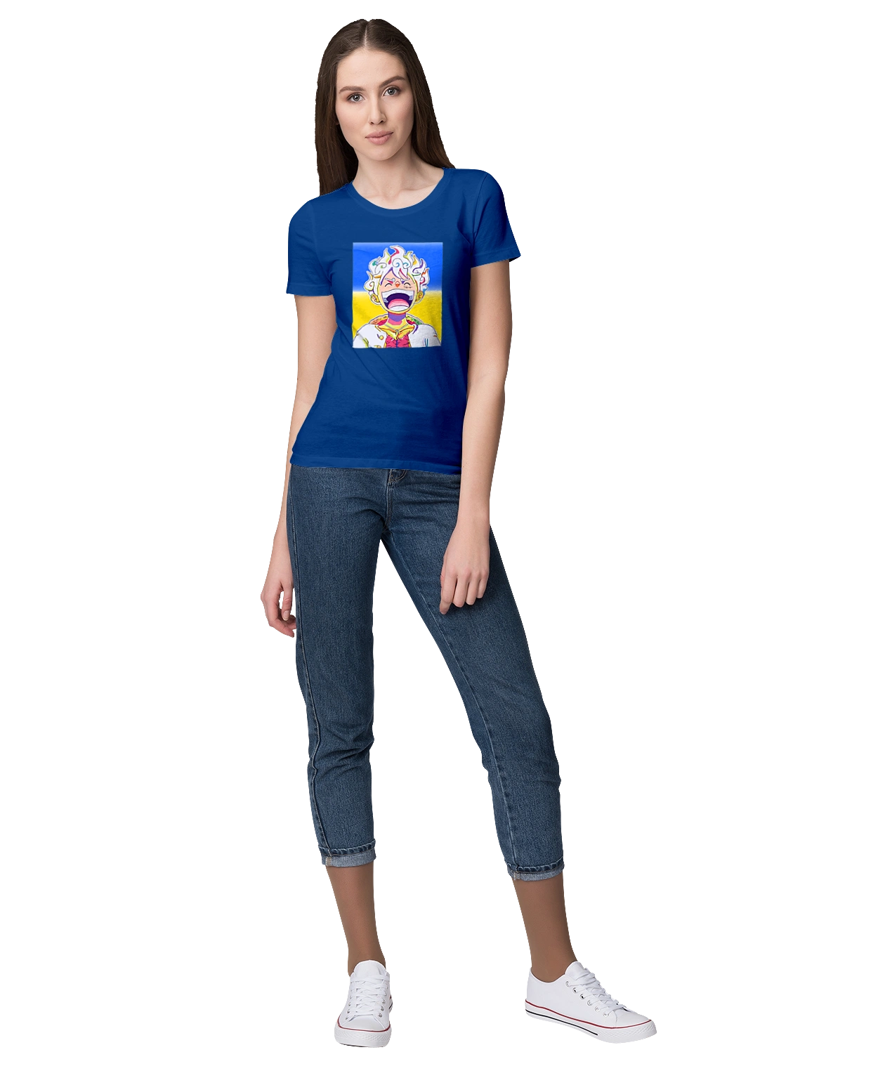 Monkey D Luffy laughing on a yellow blue background