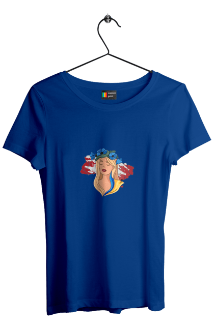 Футболка жіноча з принтом "Дівчина на карті України". Дівчина, дівчина на карті, жовтий, карта україни, квіти, прапор, синій, україна, червоний. 2070702