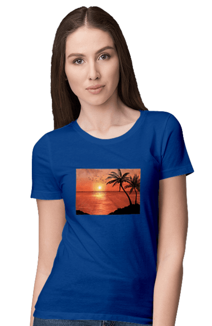 Women`s t-shirt with prints West Palm Sea. Palm trees, sea, shore. 2070702