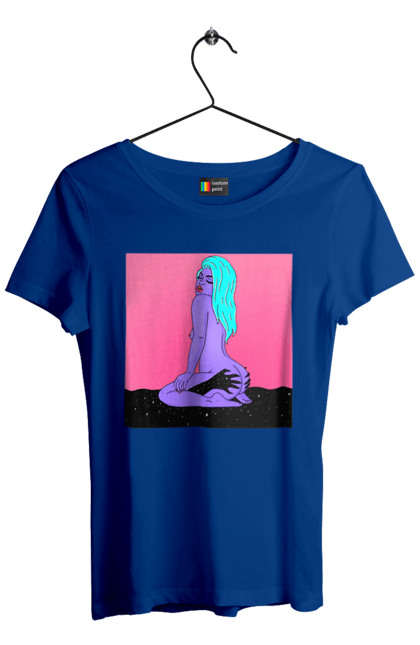 Women`s t-shirt with prints Purple Girl In Hands. Alien, girl, sits. 2070702