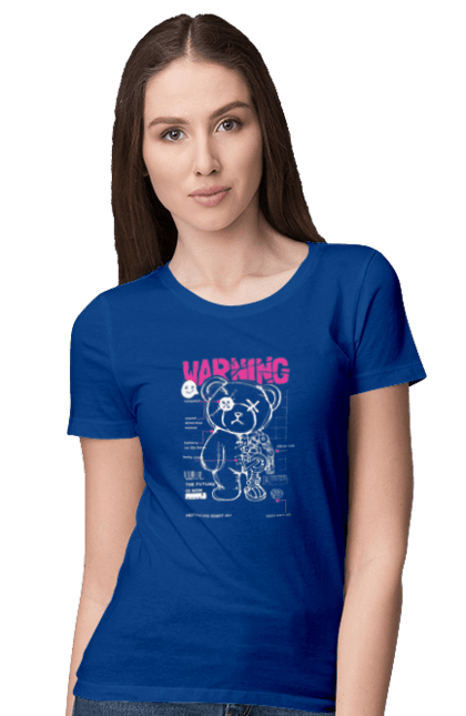 Women's t-shirt with prints Robot bear. Attention, bear, details, robot, toy, warning. 2070702