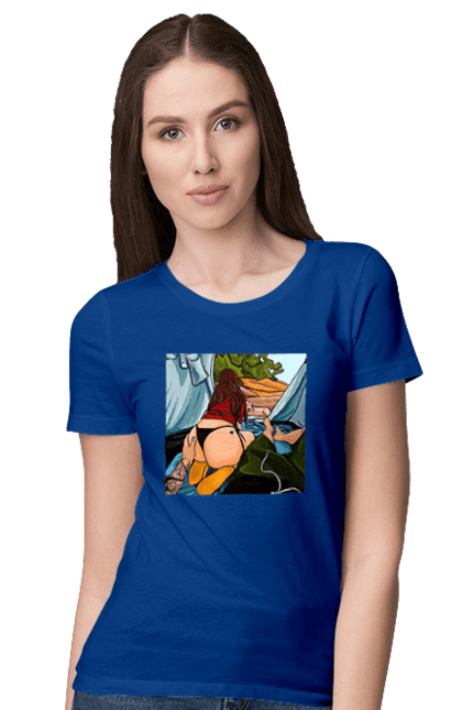 Футболка жіноча з принтом "Відпочинок З Улюбленою У Палатці". Відпочинок, жопа, палатка, собака. 2070702