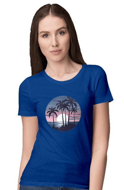 Футболка жіноча з принтом "Пальмовий пляж  На заході сонця". Море, пальма, пальми, пальмовий пляж, пляж. CustomPrint.market