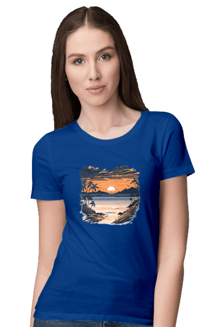 Футболка жіноча з принтом "Безтурботний пляж на заході сонця". Захід сонця, пляж, розслаблення. CustomPrint.market