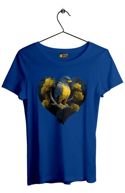 Women`s t-shirt with prints Blue and yellow falcon. Falcon, flag of ukraine, heart, symbol of ukraine, tree, ukraine. 2070702