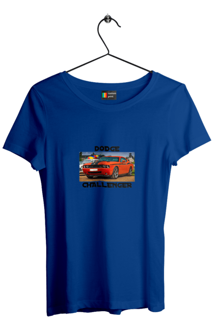 Women`s t-shirt with prints Dodge challenger. Auto, car, classic car, cult car, dodge challenger, oil car, powerful car. 2070702