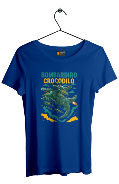 Футболка жіноча з принтом "Bombardino Crocodilo". Bombardino, bombardino crocodilo, crocodilo, бомбардіно крокоділо, крокодил, крокодил літак, крокодил мем, мем, мем бомбардине крокодило. 2070702