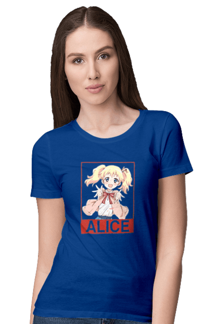 Футболка женская с принтом Золотая мозаика Алиса Картелет. Alice cartelet, anime, kiniro mosaic, kinmoza, manga, алиса, алиса картелет, аниме, золотая мозаика, манга. 2070702