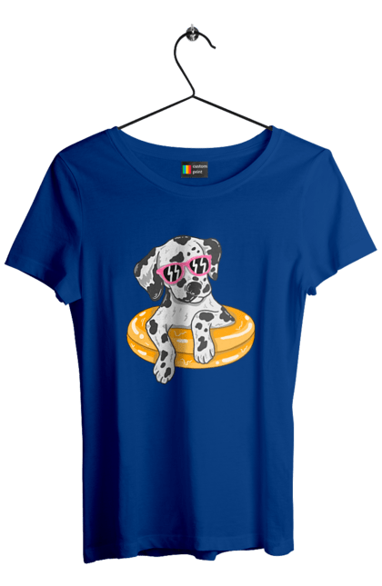 Women`s t-shirt with prints Dalmatian Swims In A Circle. Dalmatian, dog, glasses, to swim. 2070702