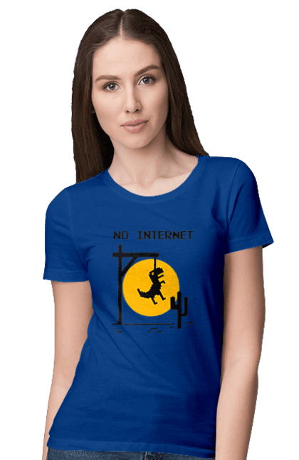 Футболка жіноча з принтом "No Internet". Айті, без інтернету, гумор, динозавр повісився, мем, немає інтернету, прикол, смішна. 2070702