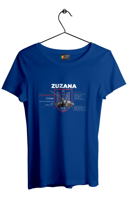 Футболка жіноча з принтом "Zuzana (САУ) два герби (англійська)". Zuzana, гаубиця, два герби, залужний, сюзанна. 2070702