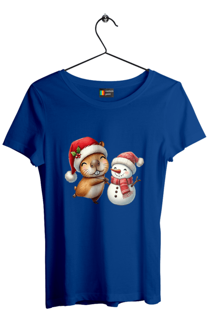 Women's t-shirt with prints Capybara and Snowman. Animal, capybara, christmas, christmas capybara, gift, holiday, new year, new year`s gift, santa, snowman. 2070702