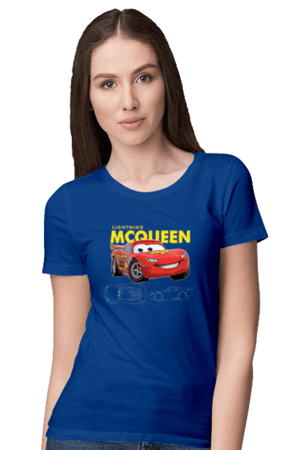 Women's t-shirt with prints Lightning McQueen. Cartoon, cartoon, lightning mcqueen, race, sport, wheelbarrows. 2070702