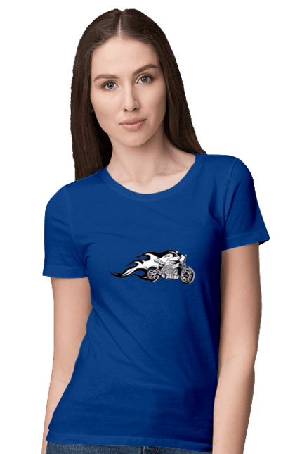 Футболка жіноча з принтом "Мотоцикл Вогонь". Мото, мотоцикл, огонь. 2070702