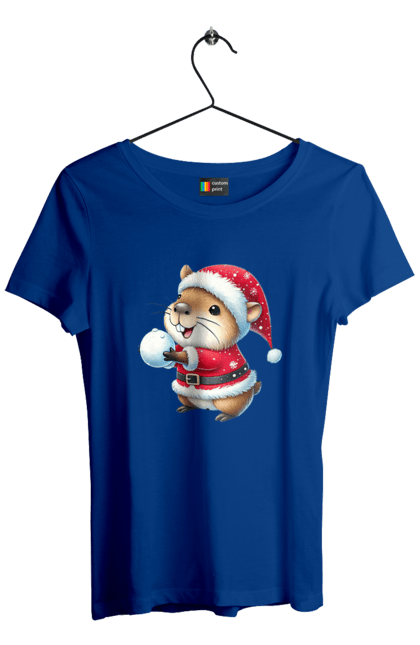 Women's t-shirt with prints Capybara playing snowballs. Animal, capybara, christmas, christmas capybara, game, gift, holiday, new year, santa, snowballs. 2070702