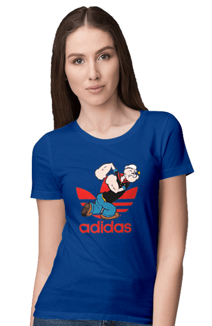 Футболка жіноча з принтом "Adidas Моряк Попай". Adidas, popeye the sailor, адідас, комікс, моряк, мультфільм, серіал, трубка. 2070702