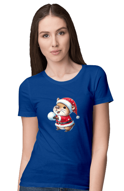 Women's t-shirt with prints Capybara playing snowballs. Animal, capybara, christmas, christmas capybara, game, gift, holiday, new year, santa, snowballs. 2070702