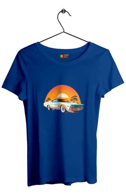 Women`s t-shirt with prints Beautiful car at sunset. Auto, decline, sun. 2070702