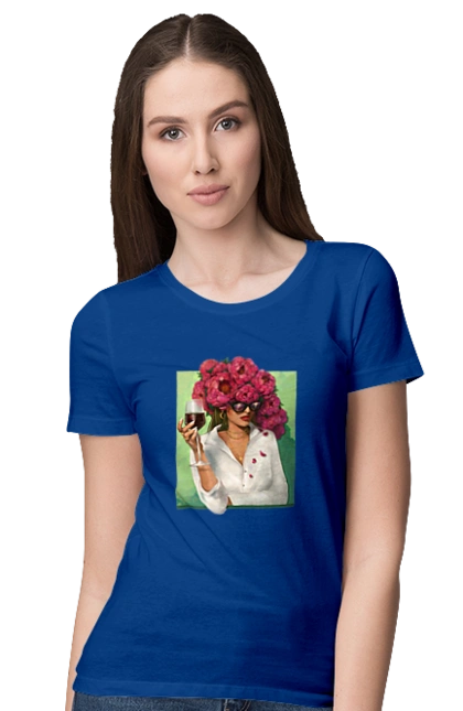 Girl with peonies and a glass