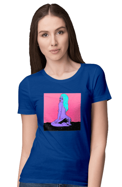 Women`s t-shirt with prints Purple Girl In Hands. Alien, girl, sits. 2070702