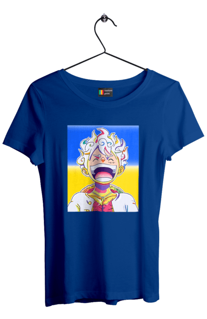 Women`s t-shirt with prints Monkey D Luffy laughing on a yellow blue background. Flag of ukraine, luffy, monkey d luffy, one piece, symbol of ukraine, ukraine. 2070702