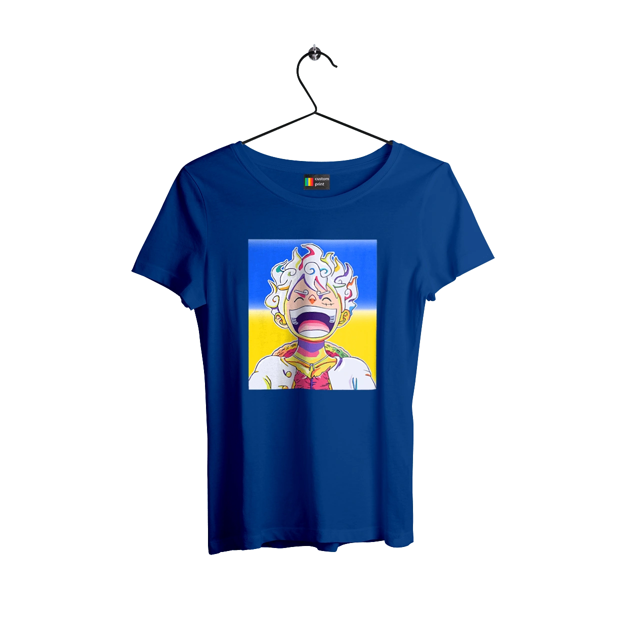 Monkey D Luffy laughing on a yellow blue background