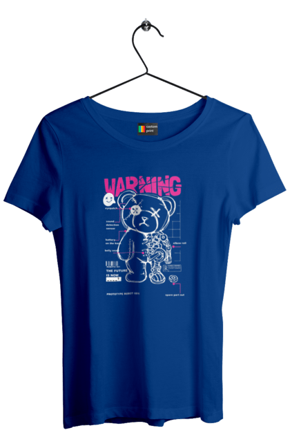 Women's t-shirt with prints Robot bear. Attention, bear, details, robot, toy, warning. 2070702