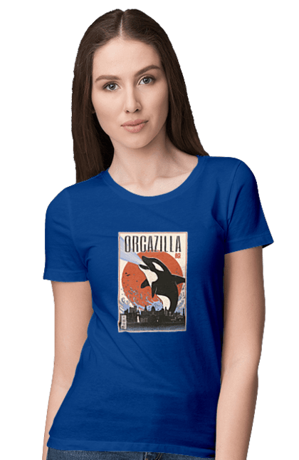 Women's t-shirt with prints Orcazilla. Cartoon style design, graphic, japan print, japanese, japanese art, japanese poster, japanese poster orca, ocean wildlife, orca, orcazilla. 2070702