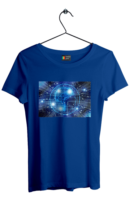 Футболка женская с принтом Искусственный интеллект. Айти, айтишник, гик, знание, инженер, интеллект, искусственный интеллект, искусственный разум, кибер, кибернетика, киборг, код, комп, компьютер, компьютерщик, кристалл, машинное обучение, микросхема, мозг, портрет, программист, профессионал, профессия, разработчик, разум, ум, хакер, чип. 2070702