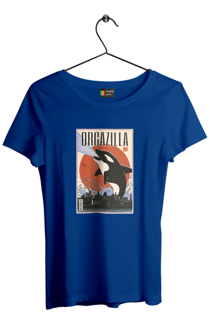 Women's t-shirt with prints Orcazilla. Cartoon style design, graphic, japan print, japanese, japanese art, japanese poster, japanese poster orca, ocean wildlife, orca, orcazilla. 2070702