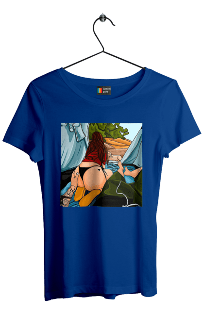 Футболка жіноча з принтом "Відпочинок З Улюбленою У Палатці". Відпочинок, жопа, палатка, собака. 2070702