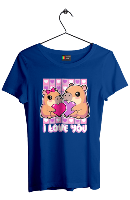 Футболка жіноча з принтом "Закохана капібара". I love you, валентинка, день святого валентина, капибара, кохання, милі тварини, пара капібар, романтика, романтичний подарунок, серця. 2070702