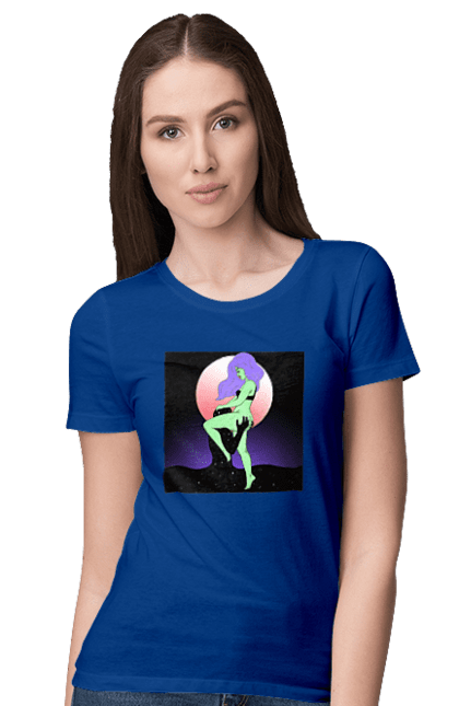 Women`s t-shirt with prints Green Girl And The Moon. Alien, moon. 2070702
