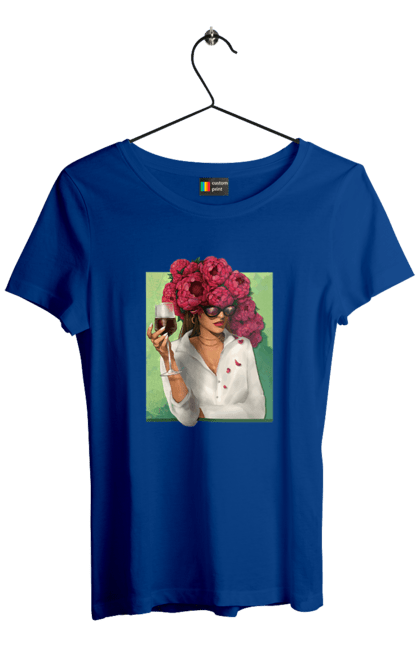 Футболка жіноча з принтом "Дівчина з півоніями та келихом". Вино, дівчина, квітка, келих, літо, окуляри, півонії, сорочка. 2070702