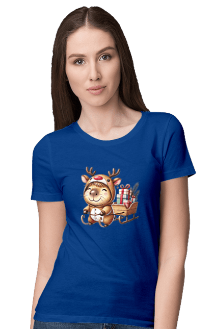 Women's t-shirt with prints Christmas Capybara with a Gift. Animal, capybara, christmas, christmas capybara, gift, holiday, new year, new year`s gift, santa. 2070702