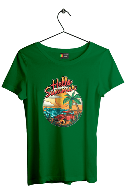 Футболка жіноча з принтом "Привіт Літо, Машина Біля Моря". Літо, машина, острів, пальма, пляж. 2070702