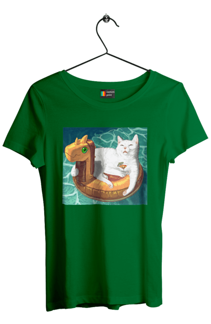 Футболка женская с принтом Белый кот в плавательном кругу, на отдыхе. Бассейн, коктейль, кот, море, отдых, плавательный круг. 2070702