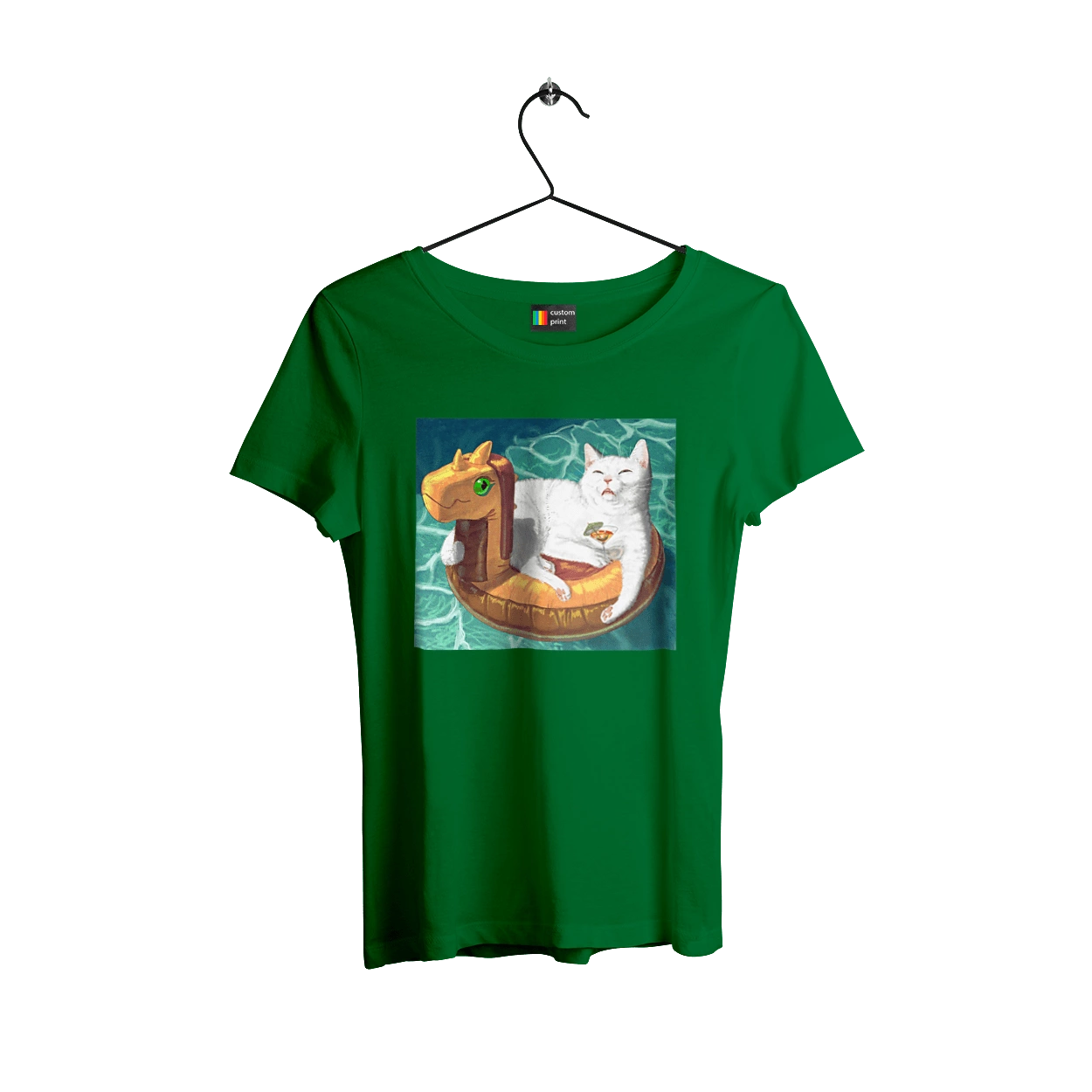 White cat in a swimming circle on vacation